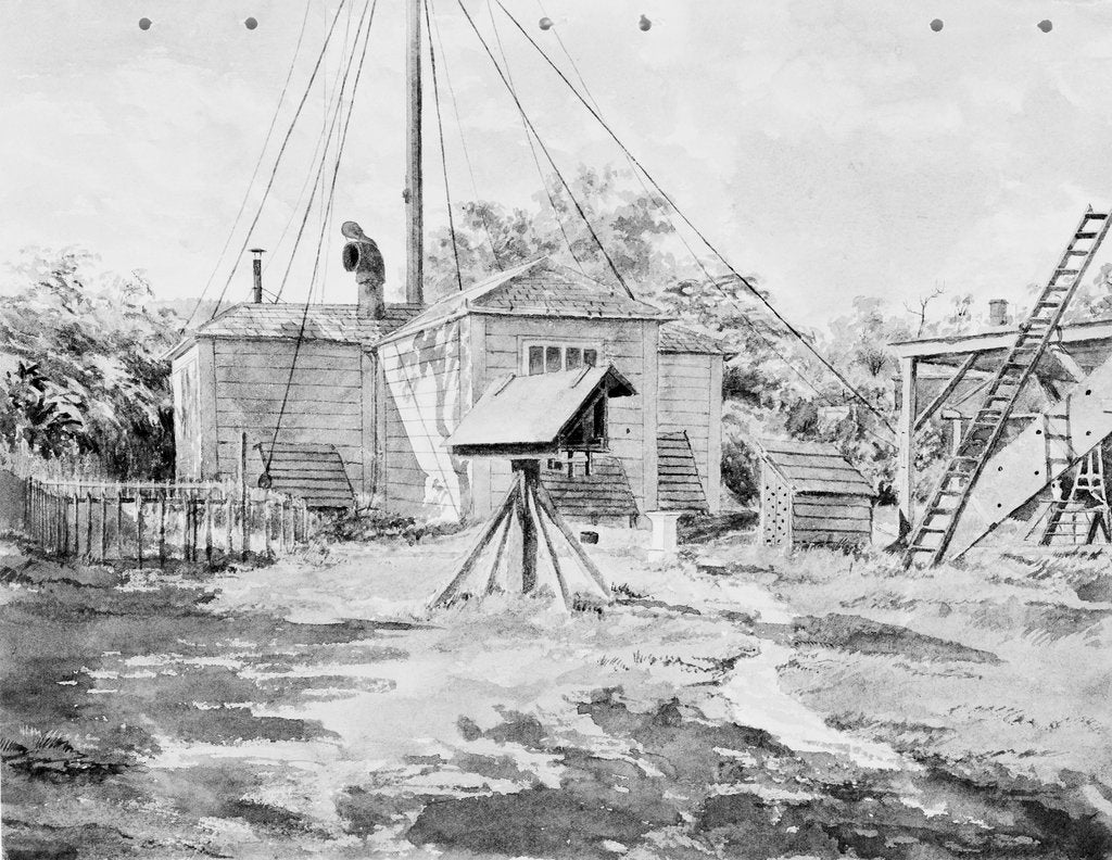 Detail of A drawing of a magnetic observatory by unknown