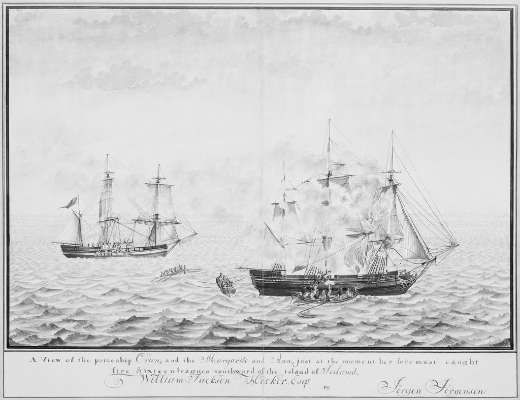 Detail of A view of the prize ship 'Orion' and the 'Margarite' and 'Ann' just at the moment her foremast caught fire xixteen leagues southward of the island of Iceland, circa 1808 by Jorgen Jorgensen