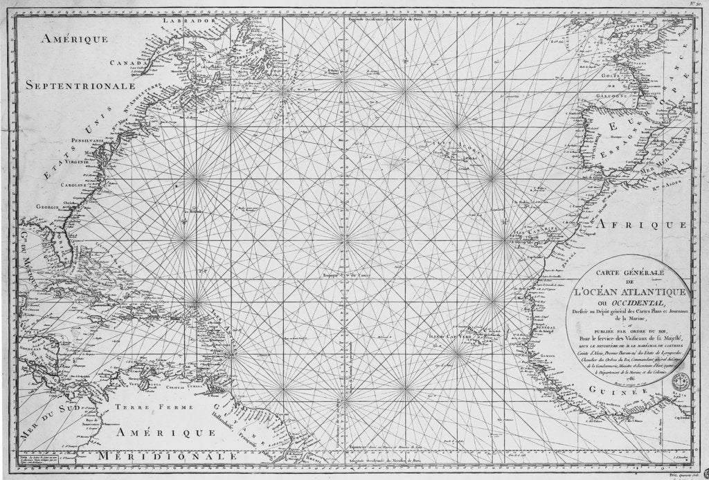 Detail of Printed chart of the North Atlantic Ocean by French Admiralty by Depot De La Marine