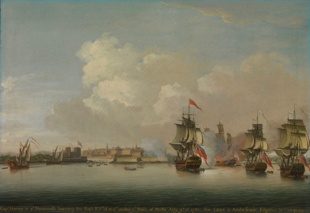 Detail of HMS 'Monmouth' burning the French frigate 'Rose', 1 July 1758 by Dominic Serres the Elder