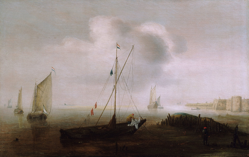 Detail of A fishing boat with sail lowered near the shore by Hans Goderis