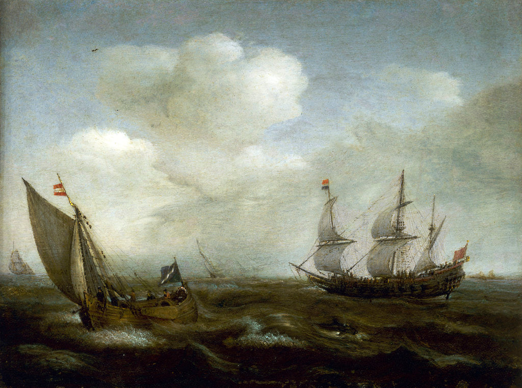 Detail of A Dutch ship and fishing boat in a fresh breeze by Hendrick Cornelisz Vroom