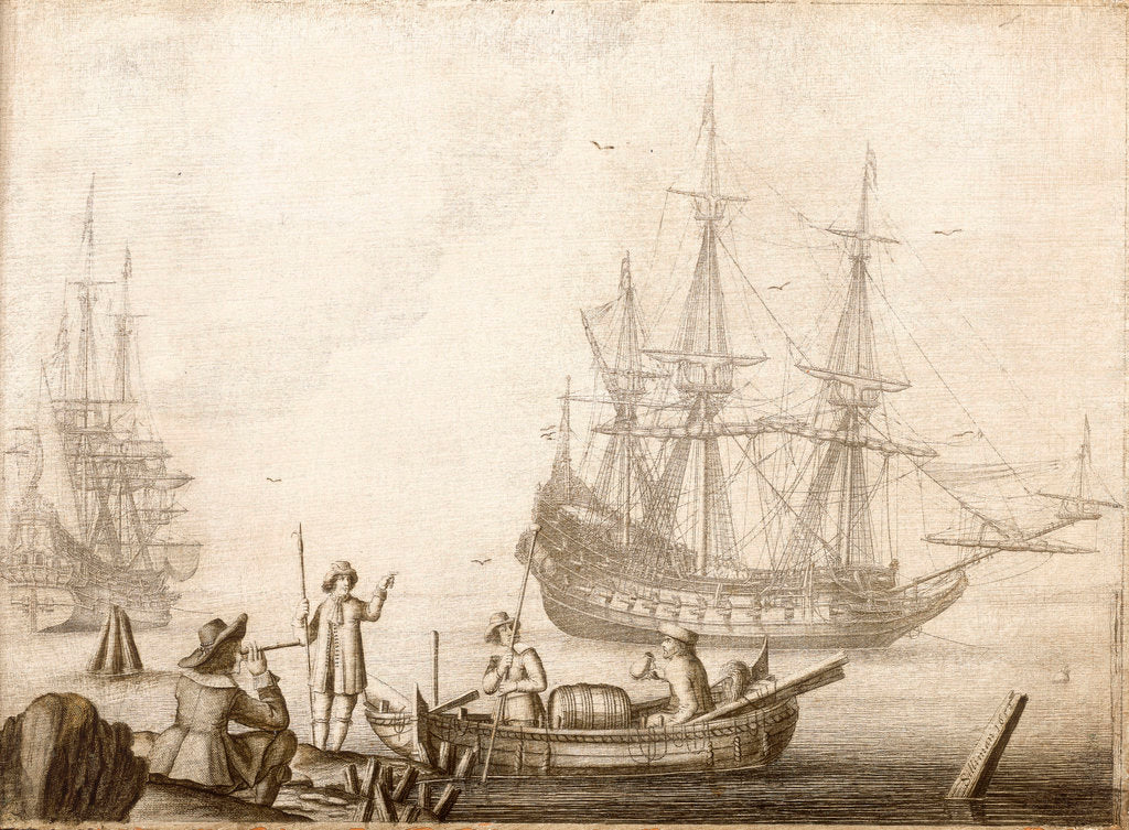 Detail of Men in a boat near two Dutch ships by Experiens Sillemans