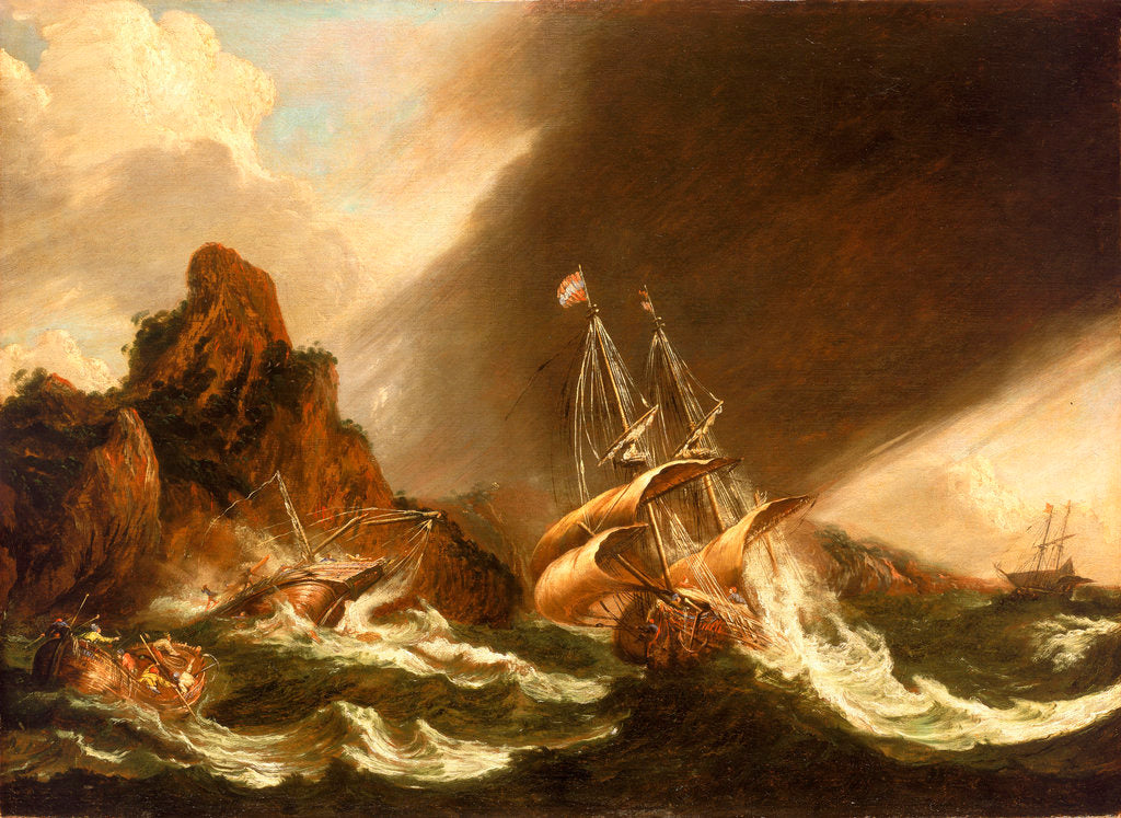 Detail of A fleet of East Indiamen at sea by Matthieu van Plattenberg