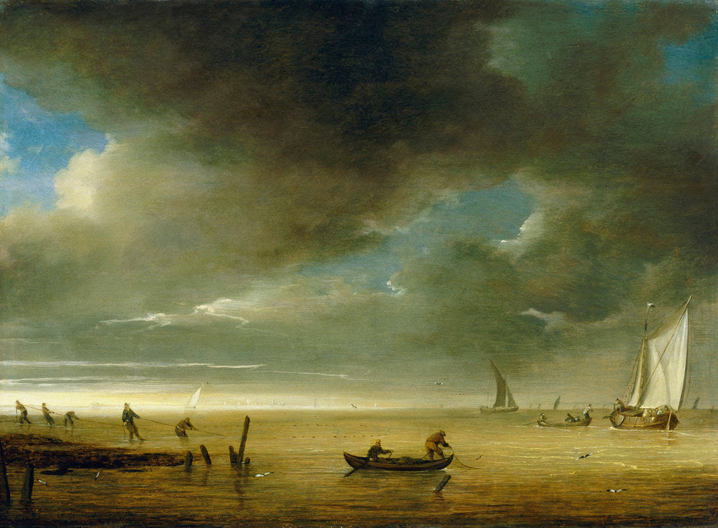 Detail of Fishermen on shore hauling in their nets by Julius Porcellis