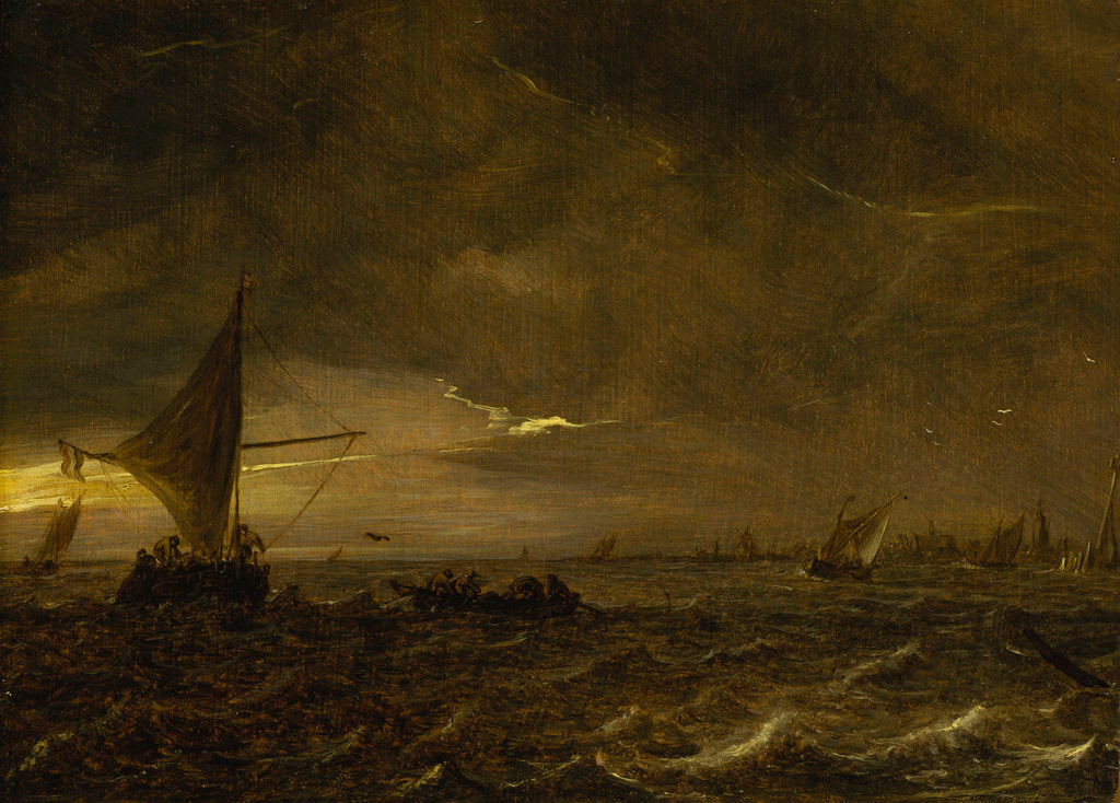 Detail of Fishing boats in an estuary at dusk by Jan van Goyen