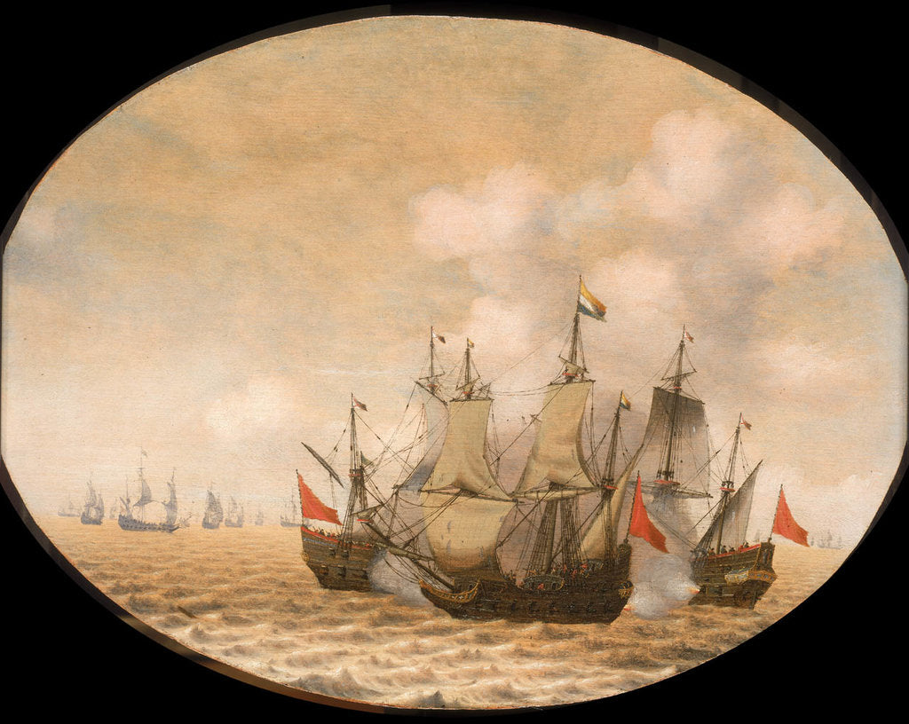 Detail of A Dutch ship engaged with two Spanish ships by Pieter Cornelisz van Soest