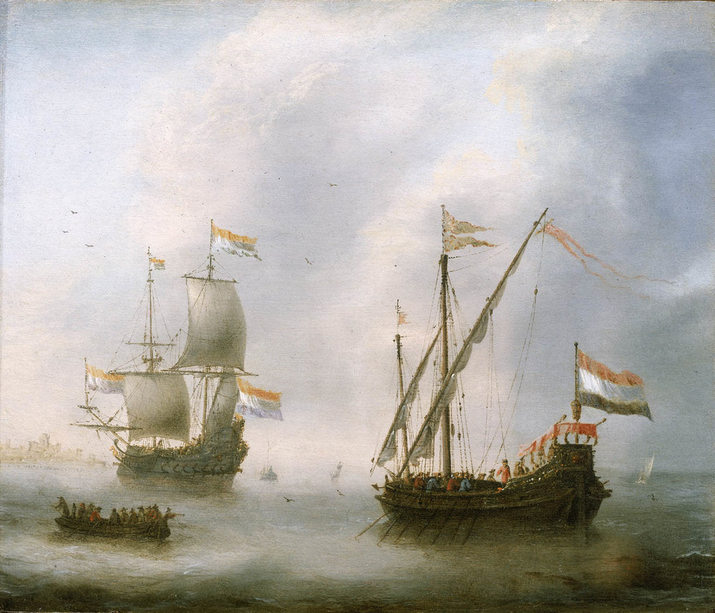 Detail of A galley and a man-of-war by Jacob Adriaensz Bellevois