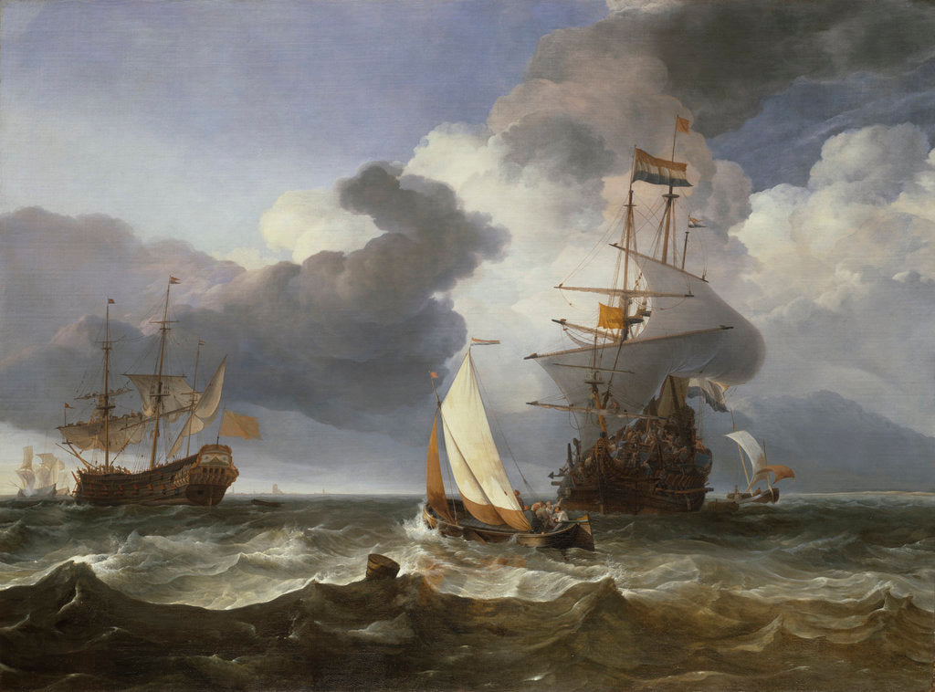 Detail of A smalschip with two Dutch East Indiamen coming to anchor by Hendrik-Jacobsz Dubbels
