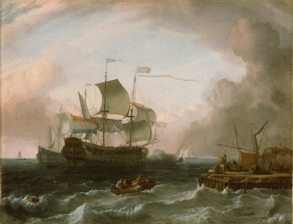 Detail of Dutch men-of-war off a jetty by Jan Claesz Rietschoof