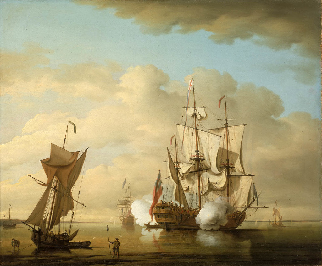 Detail of A man-of-war firing a gun at sundown by Peter Monamy