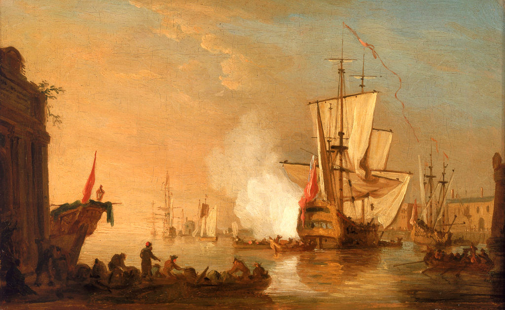 Detail of An English man-of-war firing a salute by Samuel Scott