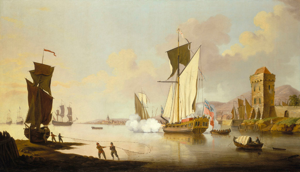 Detail of Fishing scene, with a yacht beached near the shore by Francis Swaine