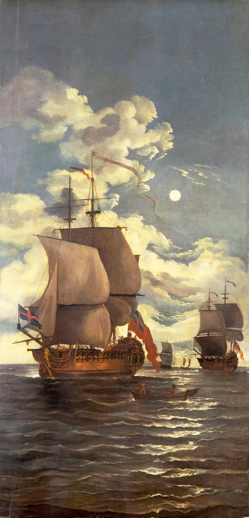 Detail of Moonlight scene: ships saluting by Monamy Swaine