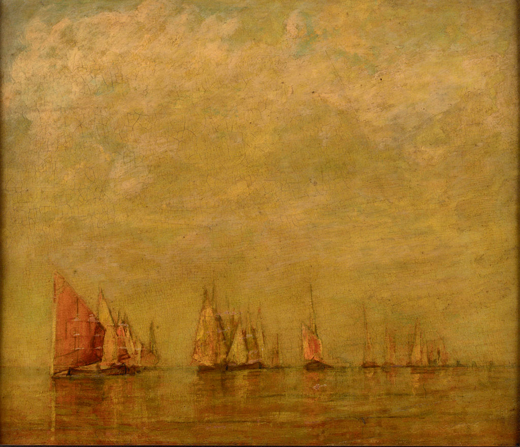 Detail of Venetian boats reflected in a calm sea by William Gedney Bunce