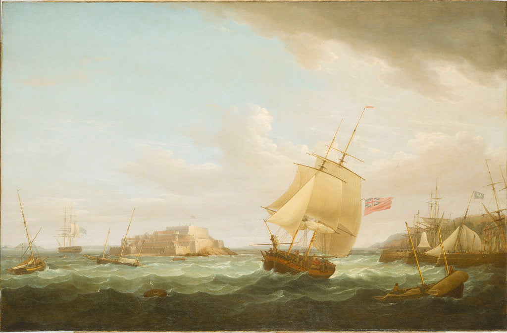 Detail of A merchantman and other vessels off Castle Cornet, Guernsey by Thomas Whitcombe