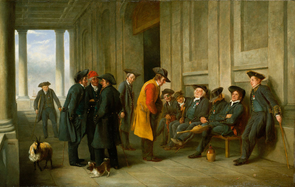Detail of Pensioners outside the chapel at Greenwich ('An Old Tar doing Penance for his devotion to Jolly Bacchus') by Henry James Pidding