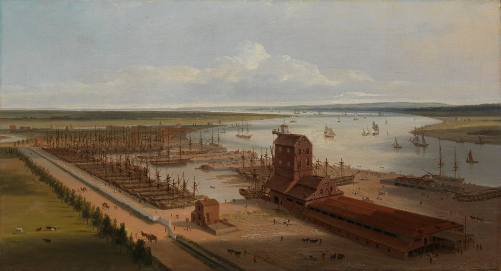 Detail of The Mast house and Brunswick dock at Blackwall by William Daniell