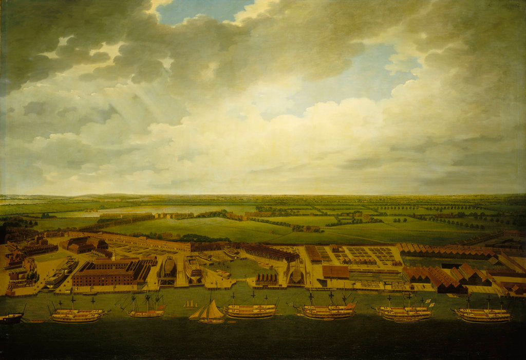 Detail of Aerial view of Deptford Dockyard by Joseph Farington