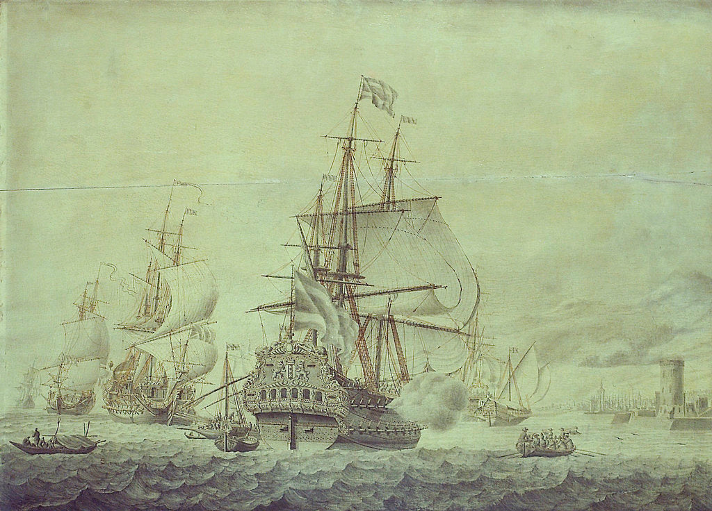 Detail of Dutch and English ships arriving at Naples by Cornelis Bouwmeester