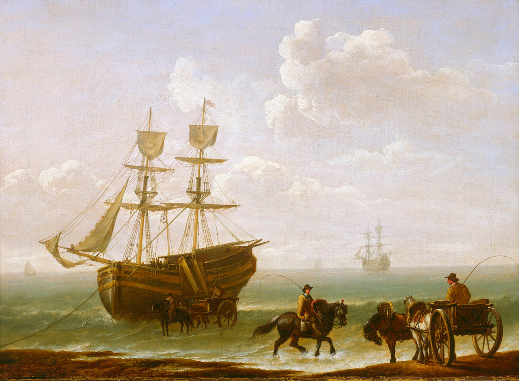 Detail of A beached Collier Unloading into Carts by Julius Caesar Ibbetson