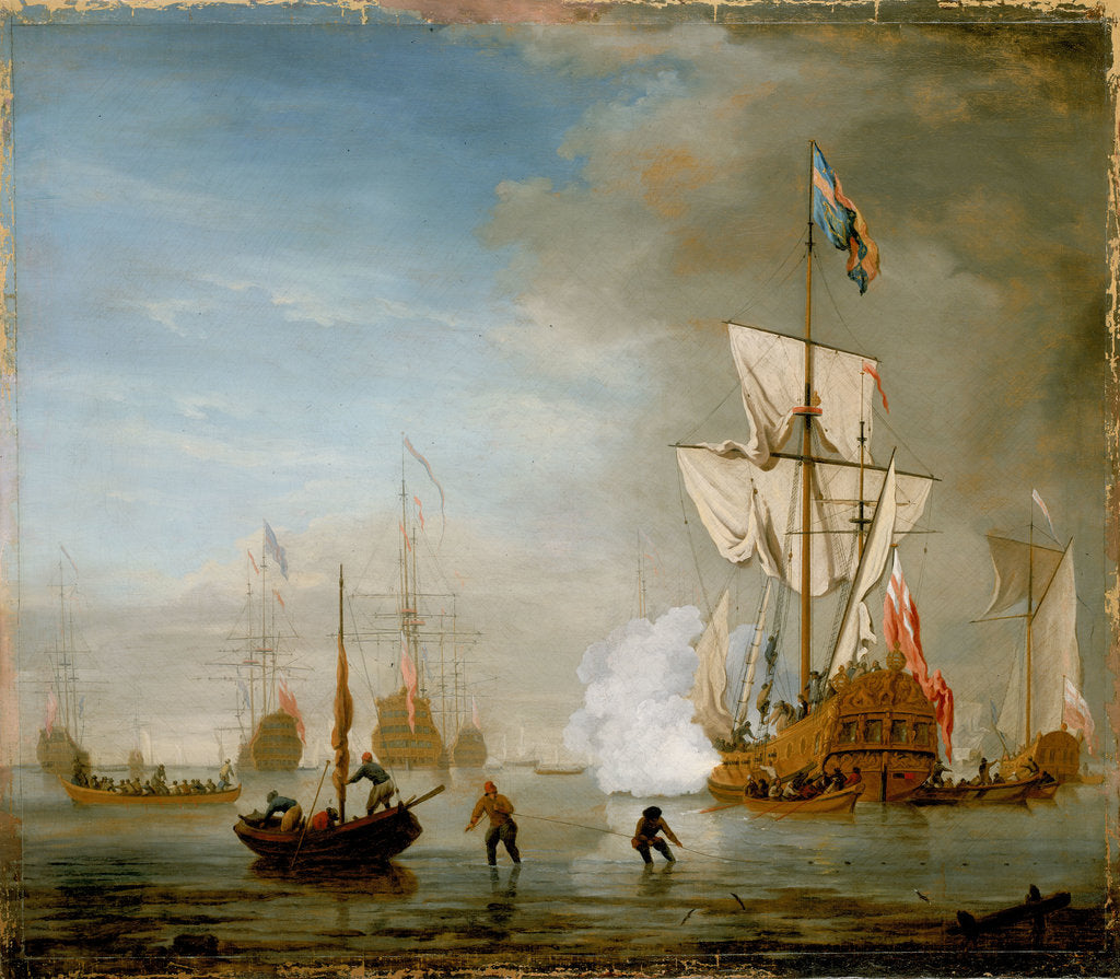 Detail of Calm: an English ketch rigged yacht, thought to be the Isabella, with other ships and vessels near the shore by Peter Monamy