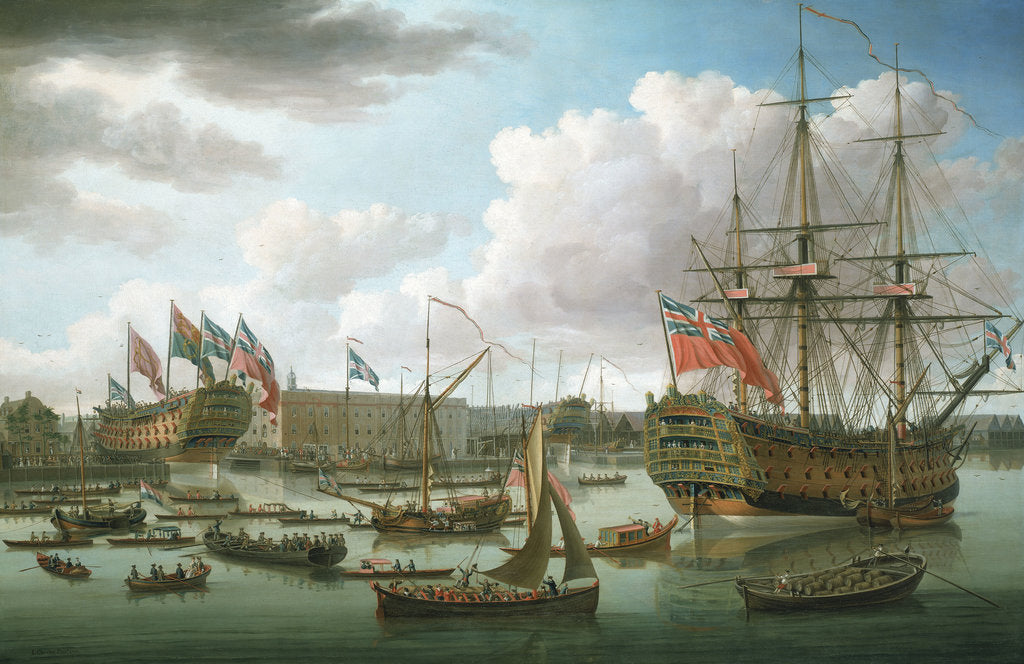 Detail of The 'Royal George' at Deptford showing the launch of 'The Cambridge' by John Cleveley