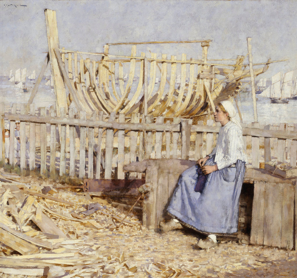 Detail of The boat builder's yard, Cancale, Brittany by Henry Herbert La Thangue