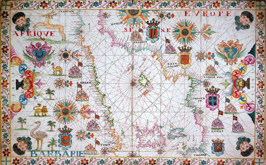 Detail of Chart of the western Mediterrean showing the north African and Spanish coasts, 17th century by Cavolini