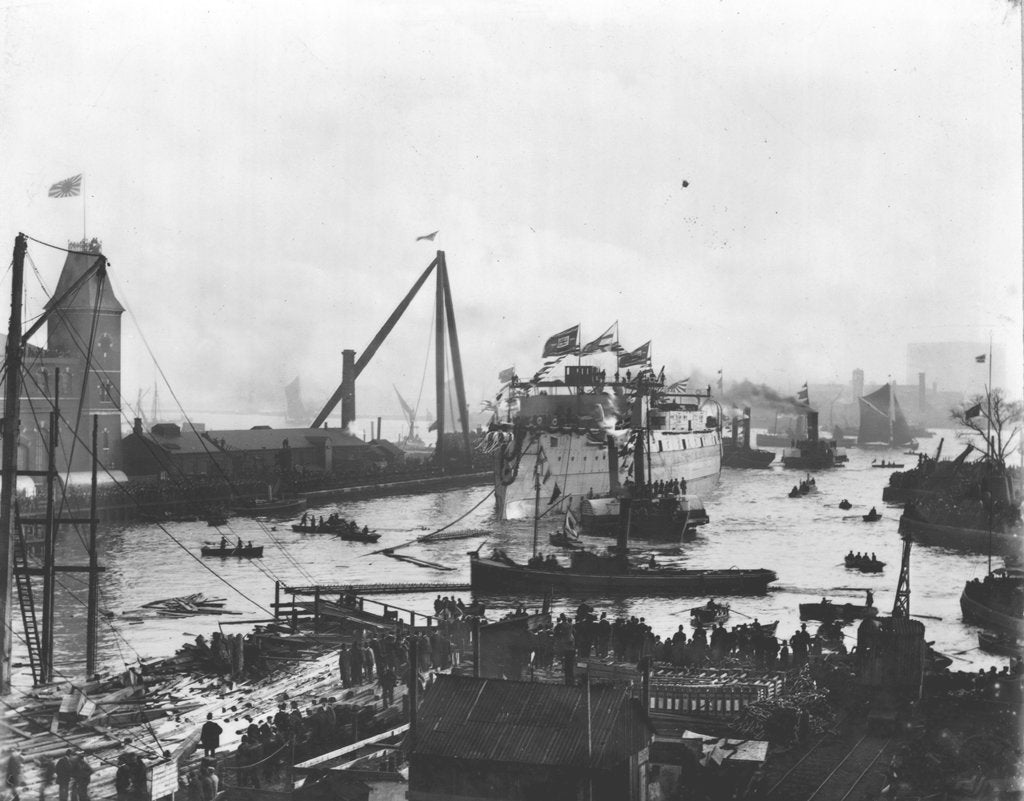 Detail of Japanese battleship HIJMS 'Shikishima' (1898) being launched from Thames Iron Works in 1898 by unknown