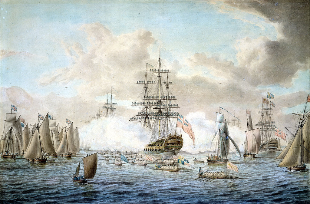 Detail of George III reviewing the Fleet at Spithead, 22 June 1773, depicting HMS 'Royal Oak' by John Cleveley