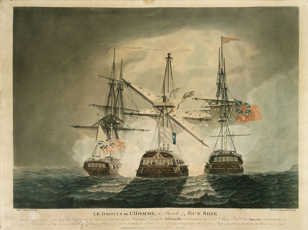 Detail of 'Le Droits de L'Homme', a French 74 gun ship, ... attacked by his Majesty's frigates the 'Indefatigable' & the 'Amazon' on the 13th & 14th January 1797 by Robert Dodd