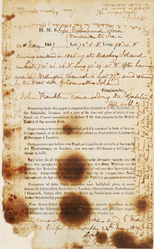 Detail of Message found by the McClintock Expedition near Point Victory, North-West Coast of King William Island, detailing the fate of the Franklin Expedition by unknown