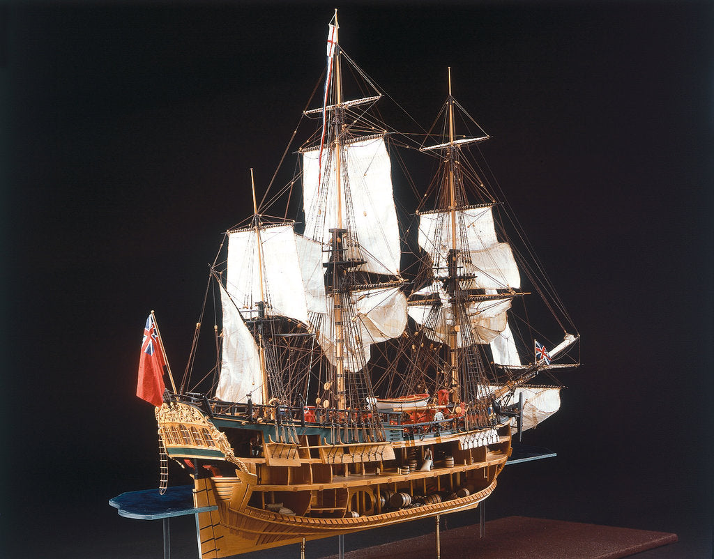 Detail of HM bark 'Endeavour', starboard stern quarter, revealing hull inside by Robert A. Lightley