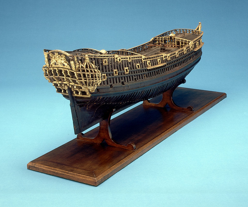 Detail of Navy Board skeleton model, starboard stern quarter by unknown
