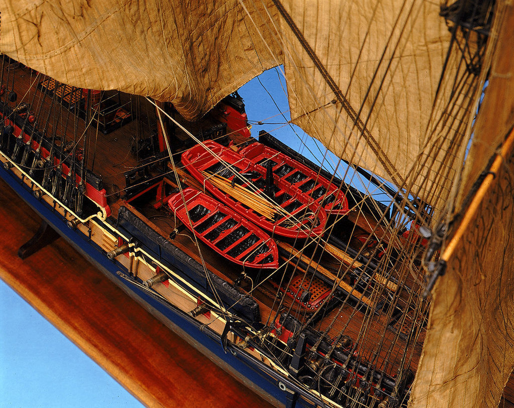 Detail of Ship of 38 guns, deck detail with ship's boats by unknown
