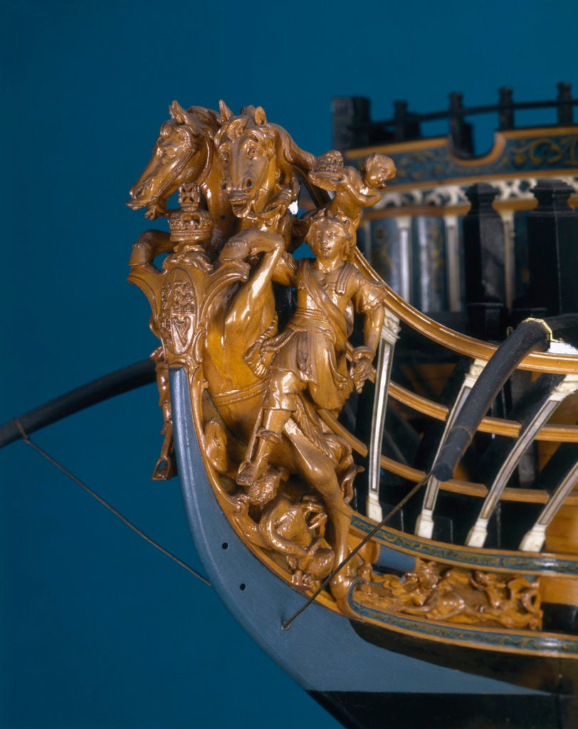 Detail of Full hull model of First Rate 100-gun warship 'Royal George' (1756) by Thomas Burroughs