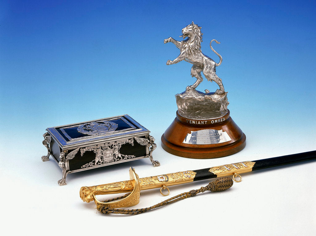 Detail of Casket, statuette and sword by Mappin & Webb