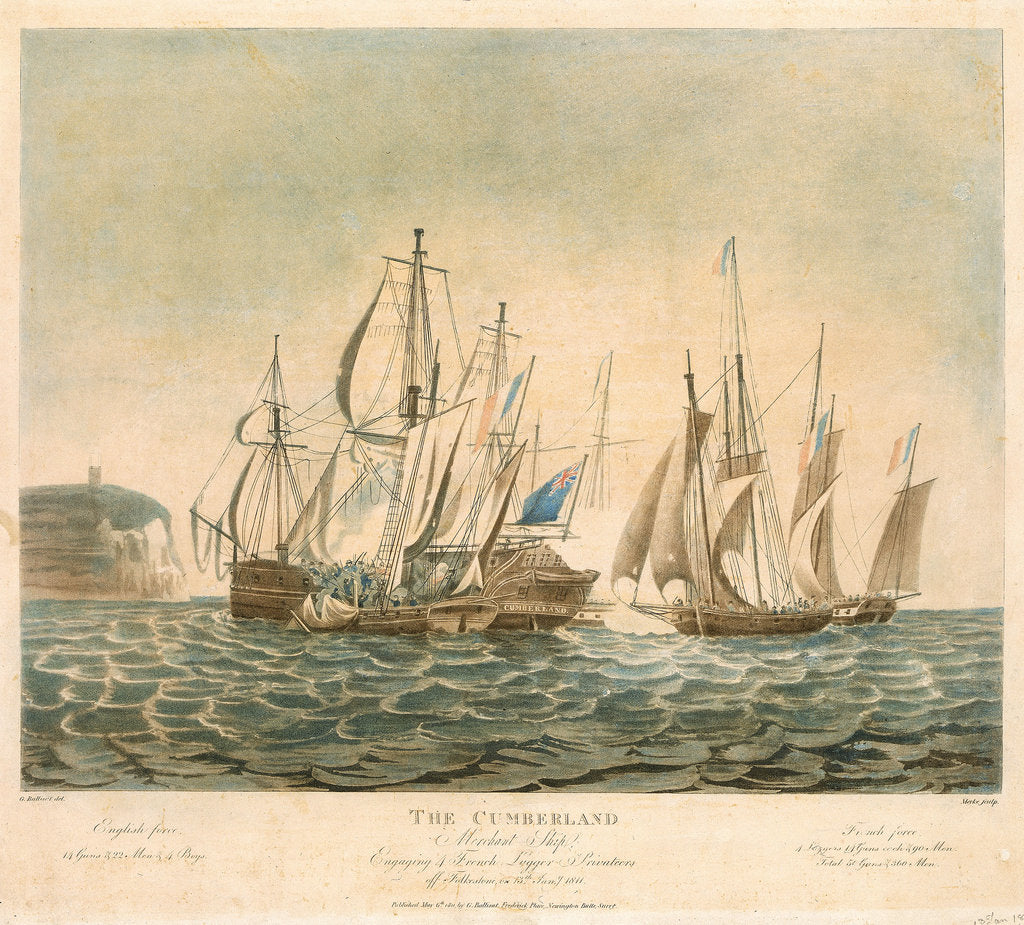 Detail of The Cumberland Merchant Ship engaging 4 French Lugger Privateers off Folkestone, on 13th Jany 1811 by George Ballisat
