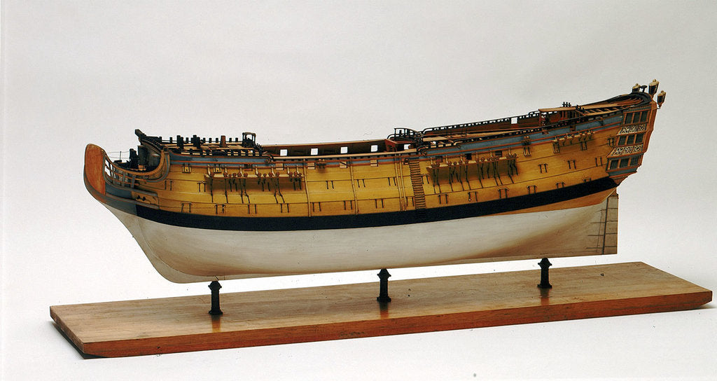 Detail of A full hull model of a second rate warship, 90 guns by unknown