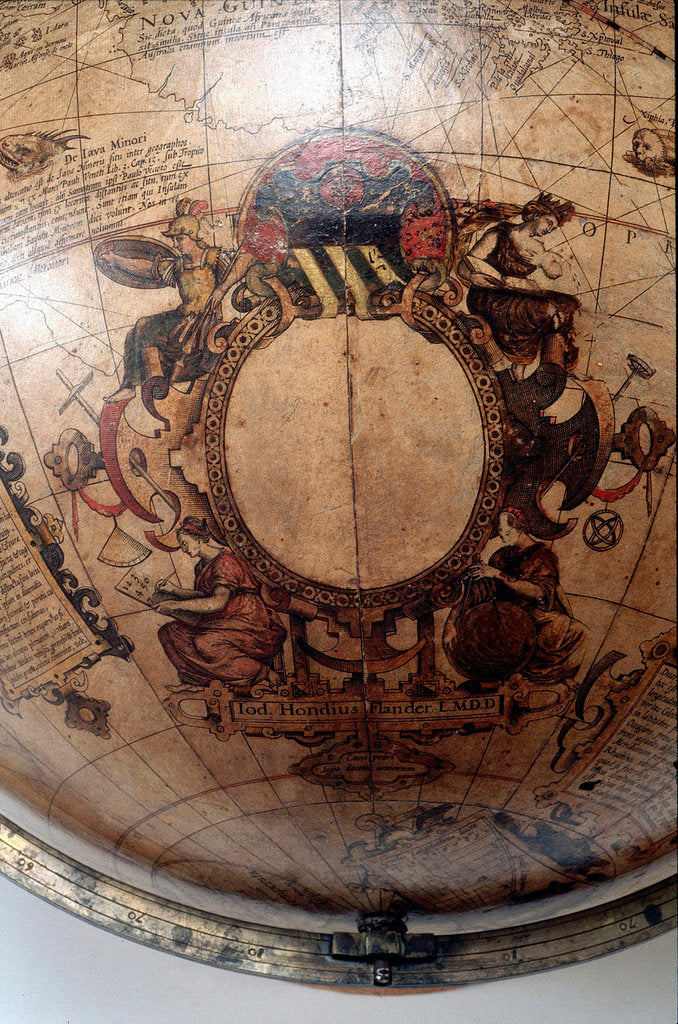 Detail of Inscription below empty cartouche at a southern continent by Jodocus Hondius