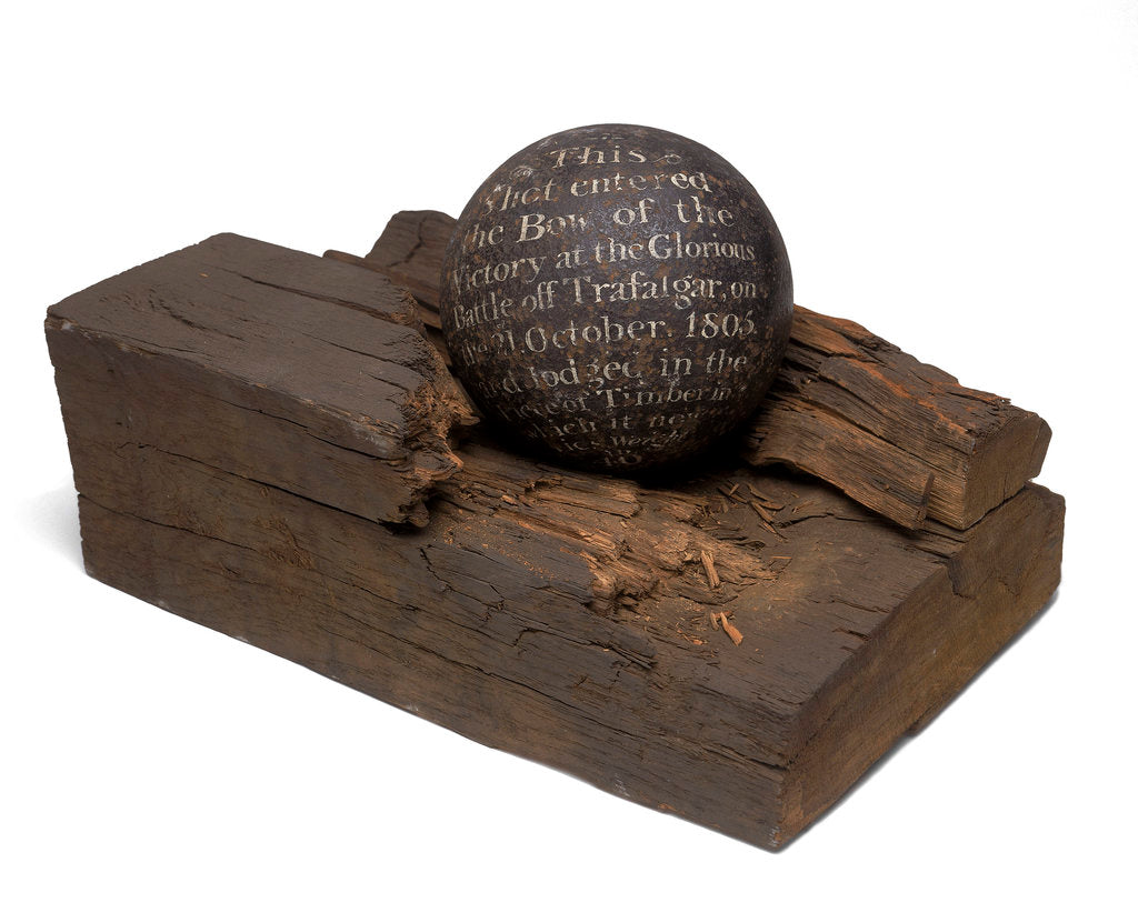 Detail of 40 pound cannonball in piece of timber from the 'Victory' by unknown
