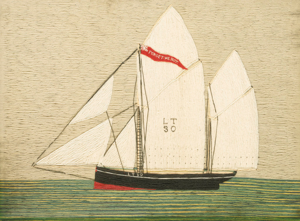 Detail of Woolwork picture of Lowestoft trawler 'Forget-me-not' by Henry Robert Fisher