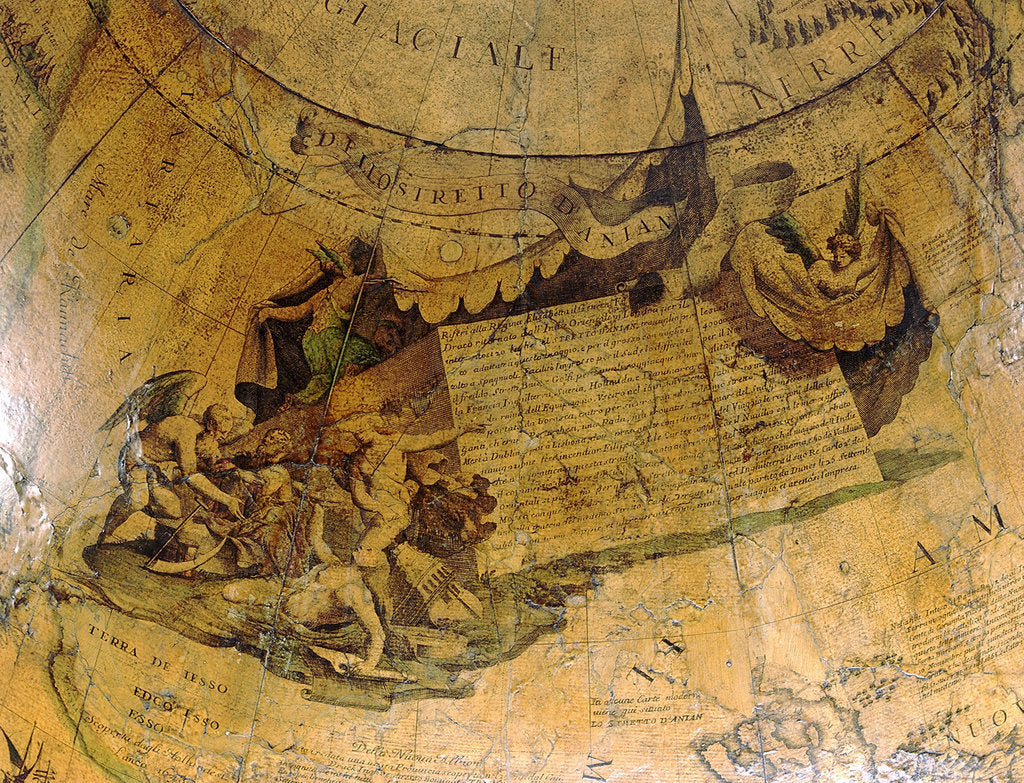 Detail of Cartouche on Strait of Anian, northern hemisphere by Vincenzo Coronelli