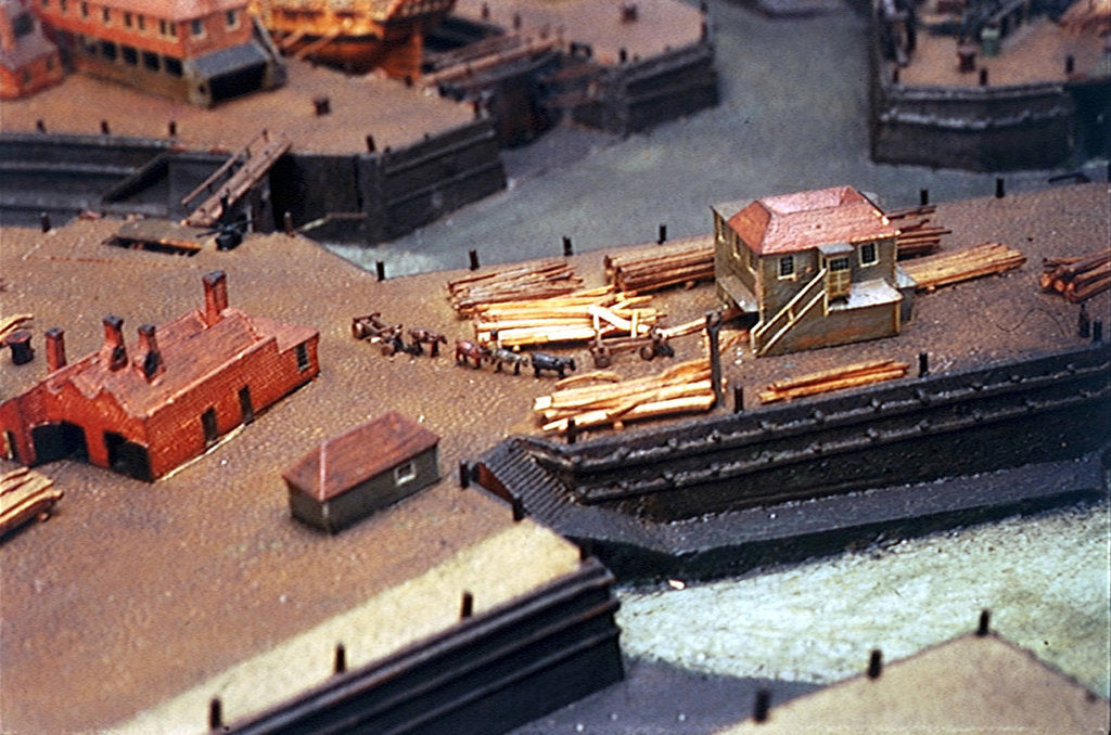 Detail of Topographic model, Royal Dockyards at Sheerness, detail showing log transportation by George Stockwell