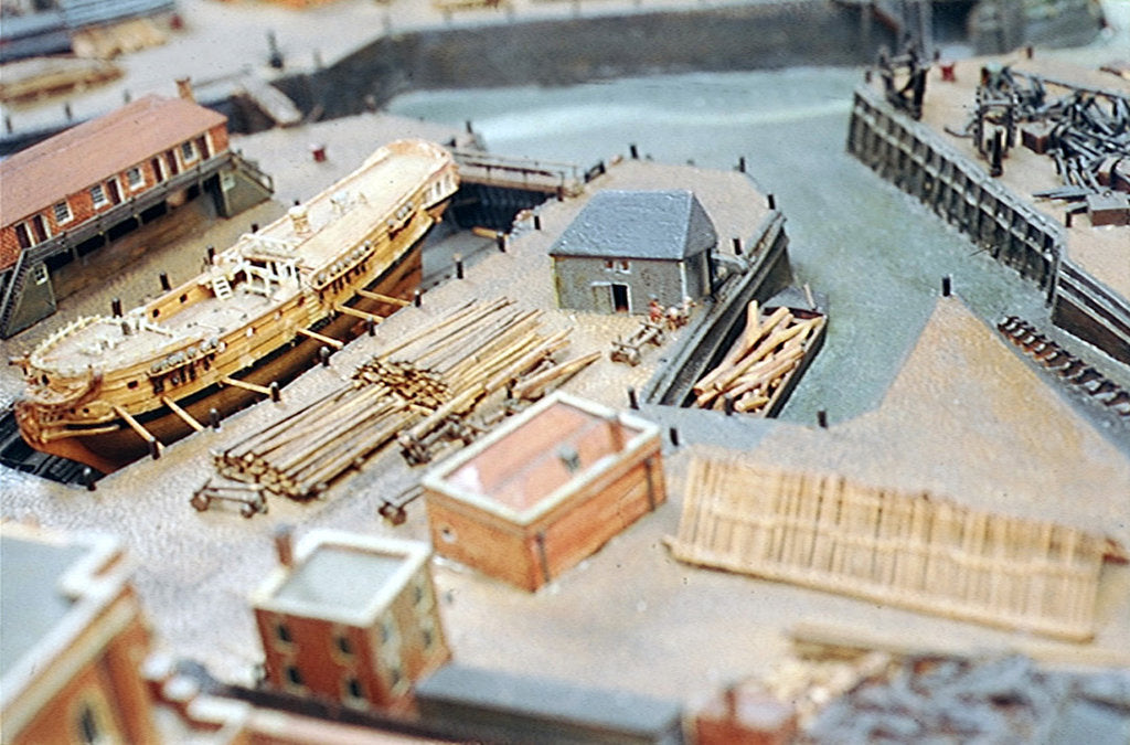Detail of Topographic model, Royal Dockyards at Sheerness, detail showing HMS 'Squirrel' in dry dock by George Stockwell