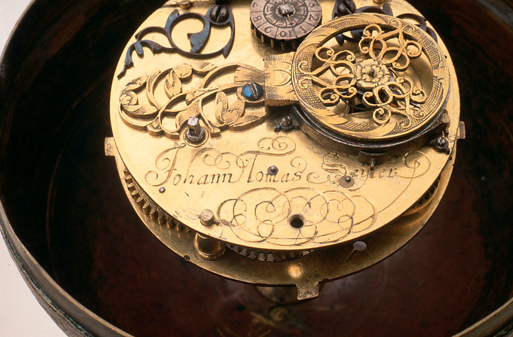 Detail of Watch movement and inscription by Johannes Janssonius