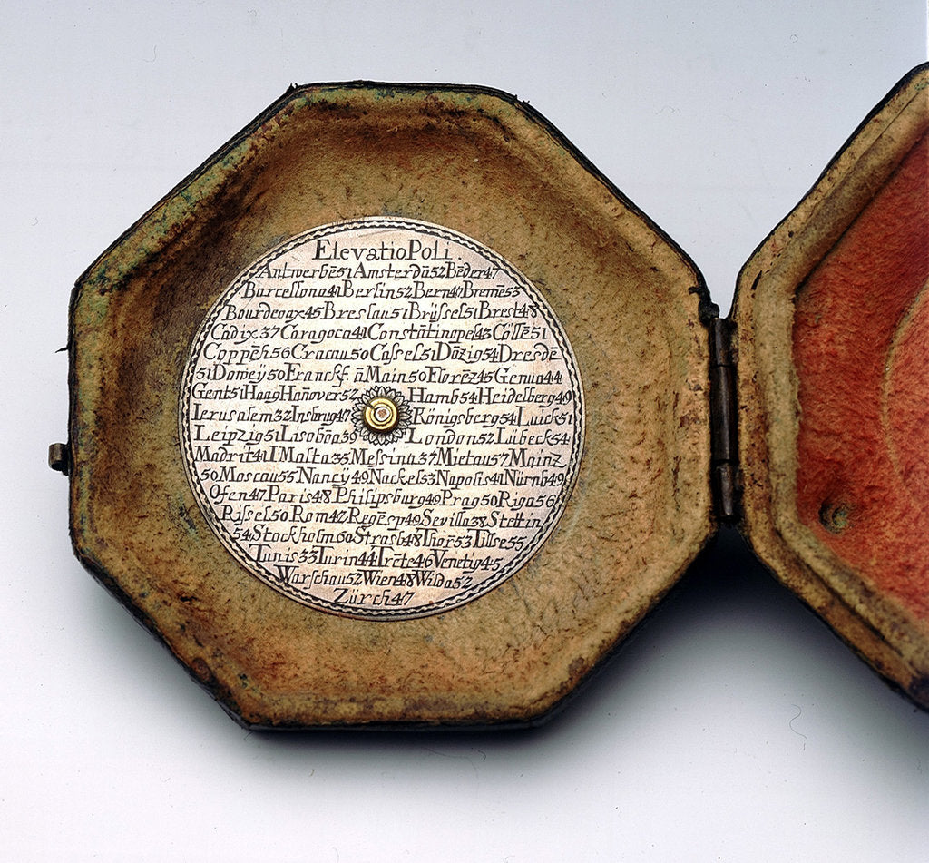 Detail of table of latitudes on inside of case of Augsburg dial by Johann Martin Willebrand