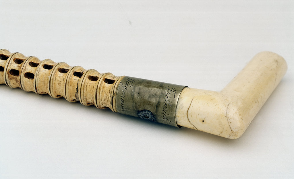 Detail of Walking stick made from shark vertebrae, detail of handle showing engraving, Frederick Wiegmann by unknown