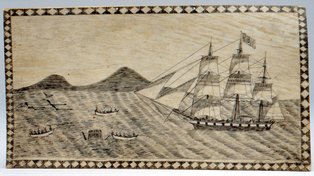 Detail of Scrimshaw wall picture, bone panel of whaling scene. by unknown